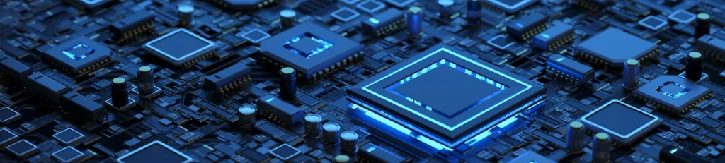 Advanced semiconductor chip on circuit board representing RF wireless technology.